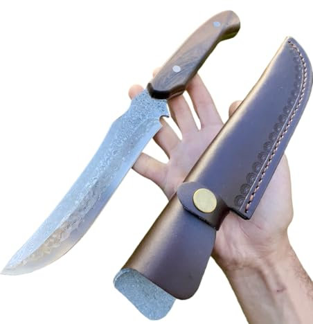 Obespina Grand Couteau Damas Forgé Main lame fixe suminagashi japonais tranchant manche bois étui cuir végétal extérieur camping randonnée Cadeau Homme EDC Artisanat tanto solide Full Tang