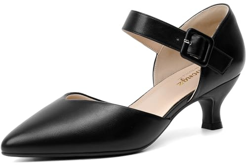 RIBONGZ Comfortable Kitten Heels for Women Pointed Closed Toe Ankle Strap Buckle Heels Slip on Low Heel Church Pumps Wedding Bridal Party Dressy Shoes, Black Pu, 10 UK