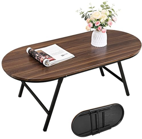 FEUFOAM Folding Coffee Table for Small Spaces Wood and Metal Oval Coffee Table No Assembly Low Coffee Tables for Living Room, Home, Office, Rustic Brown
