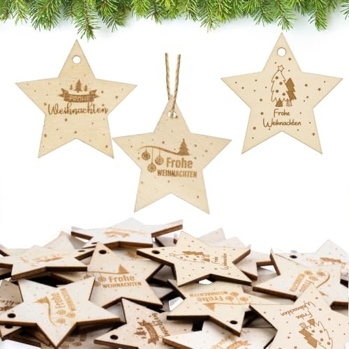 Hopton 30 Stück Holzanhänger Weihnachten, Frohe Weihnachten Holzanhänger | Stern Weihnachtsanhänger Holz mit 5m Hanfseil,Holzanhänger Christbaumschmuck für Weihnachtsbaum & Weihnachtsbasteldekoration