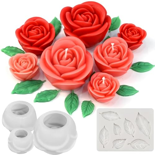 Moule Silicone Rose Fleur 3D, Lot de 4 Moules en Silicone Fleur + Moule Feuille pour Bougies, Résine, Cire & Savon, en Forme Fleurs Feuille, Haute Définition pour DIY, Pâtisserie