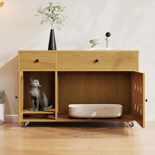 Mobiletto per lettiera del gatto, toilette mobile per gatti, mobiletto/casetta per gatti con lastra di drenaggio della sabbia rimovibile, isolato dagli odori, senza lettiera per gatti, 100 × 45 × 66