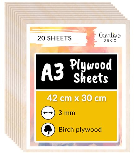 Creative Deco 20 x A3 Tablero Madera Manualidades Contrachapado | 420 x 300 x 3 mm (+/- 2mm) | Chapa Maciza Abedul Maderas para Bricolaje | Pirograbado, Corte por Laser, CNC Router, Modelado