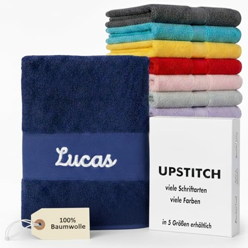 Upstitch Studios Handtuch mit Namen oder Wunschtext Bestickt, personalisiertes Duschtuch, individuelles Badetuch, 100% Baumwolle, 30x50cm, 50x100cm, 140x70cm, 80x200cm, 100x210cm (Navy, 50 x 100cm)