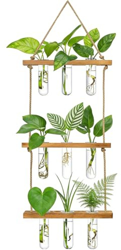 Valyrane Vase Mural en Verre à 3 Niveaux avec Support en Bois – Station de Propagation rétro pour Plantes hydroponiques, 9 Tubes à essai pour décoration intérieure, Bureau et Jardin (70x20cm)