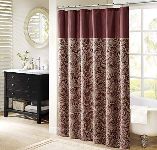 Madison Park Aubrey Shower Curtain Paisley Jacquard Pieced Microfiber Brise-Vue Moderne pour Salle de Bain, Polyester, Bordeaux, 72 in x 72 in