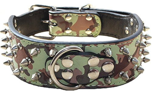 haoyueer Hundehalsband aus Leder mit Spikes, Bullet Rivets mit Nieten, 5,1 cm breit, stilvolles Leder-Hundehalsband für mittelgroße und große Hunde, Pitbull ... (L, Camouflage)