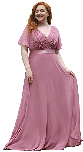 Ever-Pretty Plus Damen Abendkleid Chiffon A-Linie Lange Große Größe Partykleid V Ausschnitt Kurze Ärmel Hohe Taille Orchidee 58