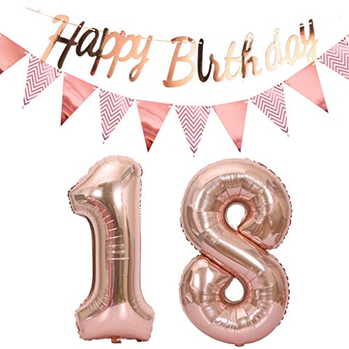 Luftballons 18.geburtstag deko rosegold+Happy Birthday Girlande +Wimpelkette 40Zahlen Ballon 18 Luftballons 18 Jahre Geburtstag Dekoration Mädchen Geburtstagdeko18 Geburtstag deko rosegold set(18)