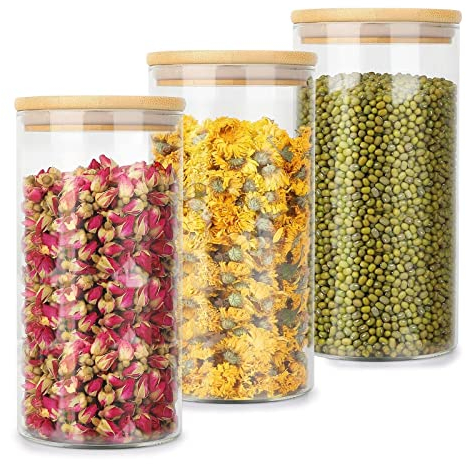 Yibaodan 1300ml Glass Food Jars with Bamboo Lids, 3 Pack Glass Storage Containers with Airtight Wood Lids Kitchen Canisters Set for Pasta Spaghetti Tea Beans Snack Flour Noodles Cereal