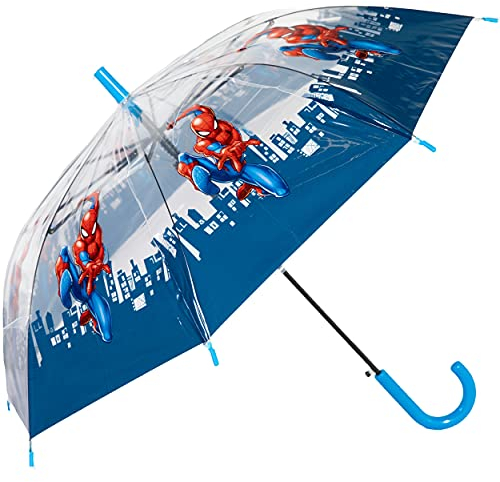 Marvel Regenschirm Spiderman Kinder Automatik 82 cm für Mädchen und Jungen transparent, Transparent - Blau, M