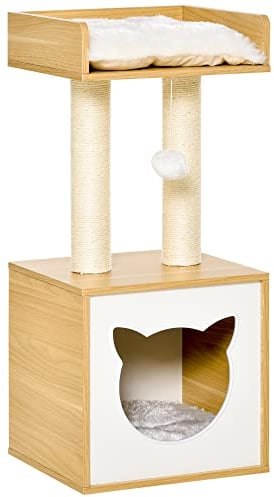 PawHut Casetta per Gatti con Pali Tiragraffi in Sisal, Cuccia e Lettino con Cuscini Lavabili e Pallina, 35x35x81cm, Rovere