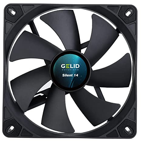 Gelid Solutions Silent 14, 140 mm Computer-Lüfter, Silent Series, schwarzer Gehäuselüfter, 140 mm, 3-poliger leiser Betrieb, 140 x 140 x 25 mm, RPM 1500, Gummi-Lüfterhalterung, Farbe: Schwarz