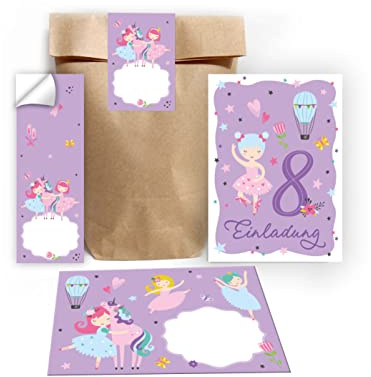 Junapack 12 Einladungskarten zum 8. Kindergeburtstag achte Mädchen Ballerina incl. 12 Umschläge, 12 Tüten/Natur, 12 Aufkleber