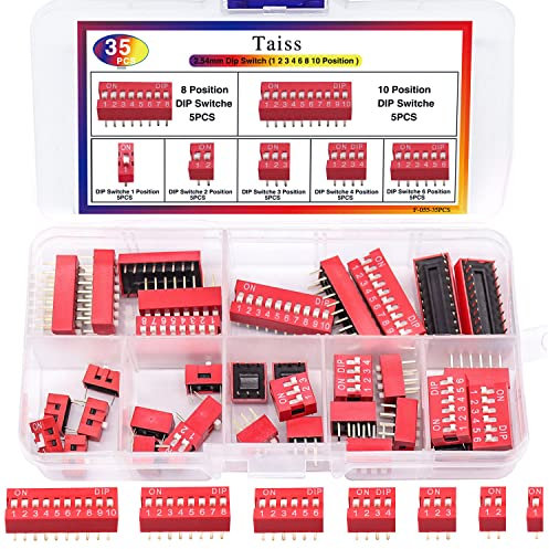 Taiss 35PCS DIP Switch Assorted Kit 1 2 3 4 6 8 10 Position 2.54mm Double Row On Off DIP Switches Slide Type Switch for Circuit,Breadboards PCB (Red)