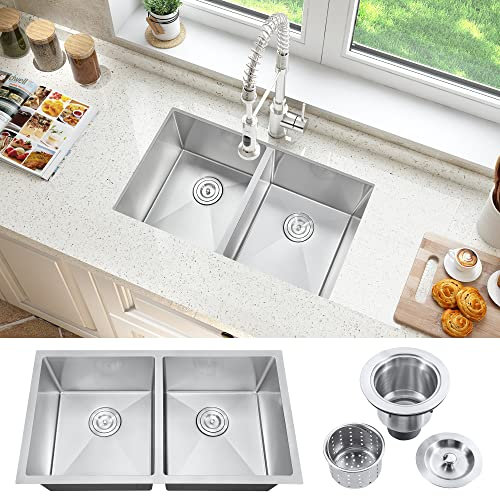 ATTOP Double Bowls Undermount Kitchen Sink,32 Inch Nano Coating Stainless Steel Handmade Undermount Double Bowls Kitchen Sink