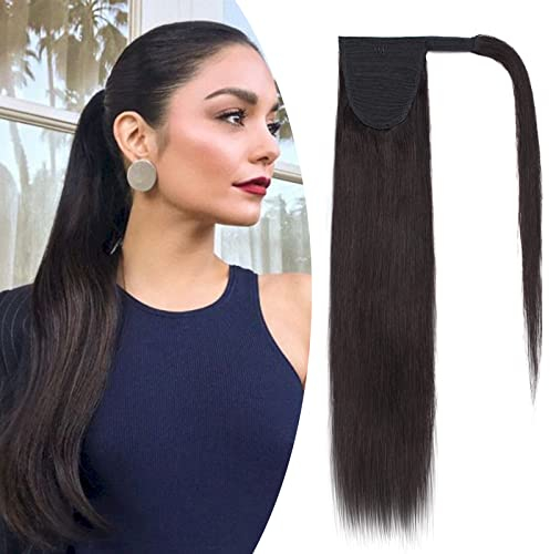 SEGO Ponytail Extension Echthaar Pferdeschwanz Zopf Haarteil Haarverlängerung Hair Piece Haar Hitzebeständig Naturschwarz #1B-2 35.56 cm (70 g)