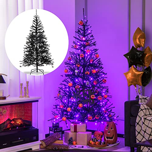 COSTWAY 183cm Künstlicher Weihnachtsbaum beleuchtet, 250 LED-Leuchten in Lila, Tannenbaum Schwarz für Halloween und Weihnachten, Dekobaum mit 791 PVC-Spitzen & Schmuck & Metallständer