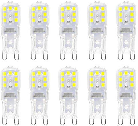 Jiotouhu LED-Leuchtmittel G9, 3 W G9 LED Lampen (entspricht 30 W Halogenlampen), G9 Leuchtmittel kaltweiß 6000 K, ohne Flackern, 360 Grad Winkel, AC 220 – 240 V, 10 Stück