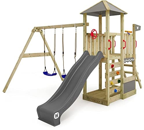 WICKEY Spielturm Klettergerüst Smart Savana mit Schaukel & anthraziter Rutsche, Outdoor Kinder Kletterturm mit Sandkasten, Leiter & Spiel-Zubehör für den Garten