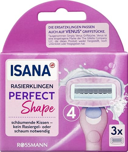 ISANA Perfect Shape Rasierklingen, 3 Ersatzklingen für Damenrasierer- Schäumende Kissen: kein Rasiergel- oder schaum notwendig