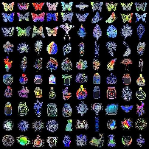 AFUNTA holografische Aufkleber, schillernd, Schmetterlings-Aufkleber, wasserdicht, Pflanzen-Blumen-Aufkleber, Harz, Glitzer-Aufkleber für Wasserflaschen, Laptop, Scrapbook, Tagebuch, 200 Stück