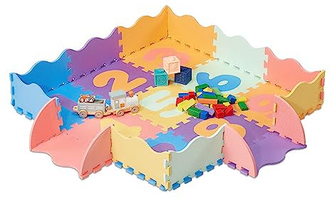 Relaxdays Puzzlematte mit Zahlen, 34-TLG. Spielmatte mit Rand, schadstofffrei, abwaschbar, Schaumstoff, Babymatte, bunt, Orange, Blau, Lila