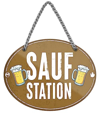 Saufstation - witziges Retro Deko Bierschild - Hängeschild mit Kordel und Saugnapf - Dekoration Bar Kneipe Pub Partykeller Bierwagen - Geschenkidee Bierliebhaber - 18 cm x 12 cm