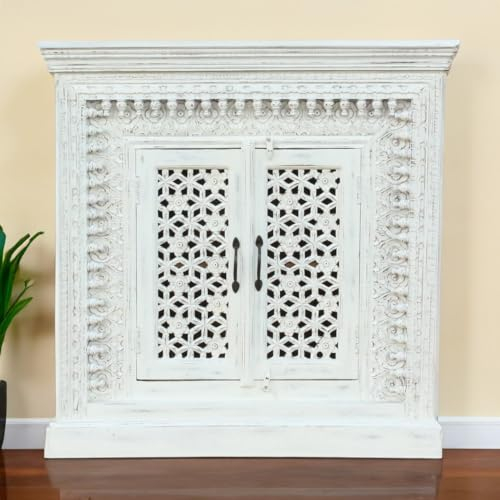 Sideboard Rena Indische Kommode aus Mangoholz mit aufwendiger Schnitzerei Orientale Einrichtung Weiß Whitewash 100 cm