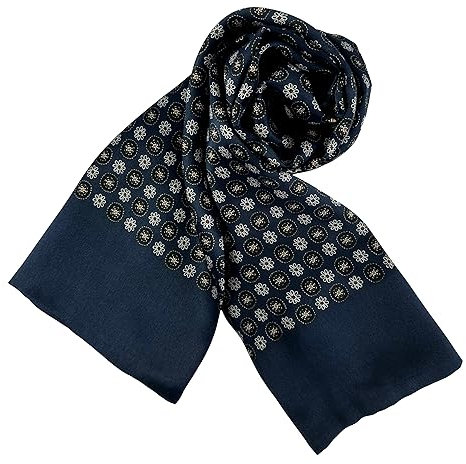 JWSilk Langer Charmeuse Seidenschal für Herren, Marineblaue Quadrate, 63x10