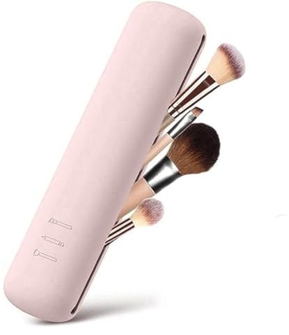 Travel Makeup Brush Holder, Silicon Trendy and Portable Cosmetic Face Brushes Soft Sleek Tools Organizer for Trave (Light pink)