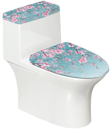 Darisoco Cherry Blossom Blue Bathroom Toilet Lid Seat Cover & Toilet Tank Lid Cover Machine Washable Fits Most Standard Toilet 17 × 21 Inch Home Decor