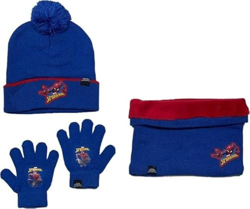 Ensemble Bonnet Gants cache cou Spiderman (snood ou tour de cou double a l'interieur) (Set gants bonnet avec Snood Spiderman)