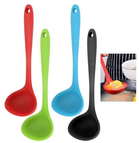 Set de 4 Louche de Cuisine en Silicone,Résistance à la chaleur,21cm,Sans BPA,Antiadhésifs,lavable au lave-vaisselle,Louche Cuisine en Silicone avec Trou de Suspension(Rouge,Noir,Vert,Bleu)