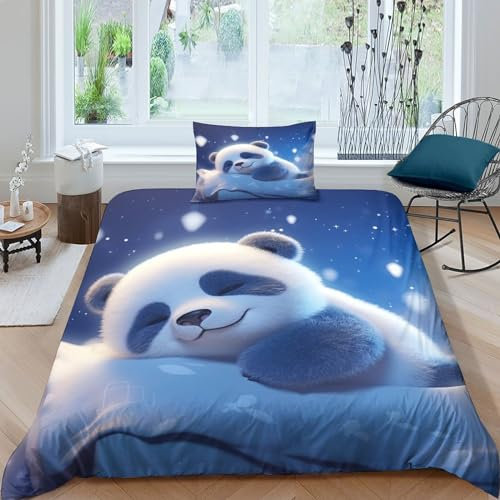 Niedlicher Panda Bettwäsche Set Bettbezug Set Für Kinder Jungen Mädchen Weich Atmungsaktiv Microfaser Betten Set Mit Reißverschluss Und Kissenbezug 2 Teilig Sets Single（135x200cm）