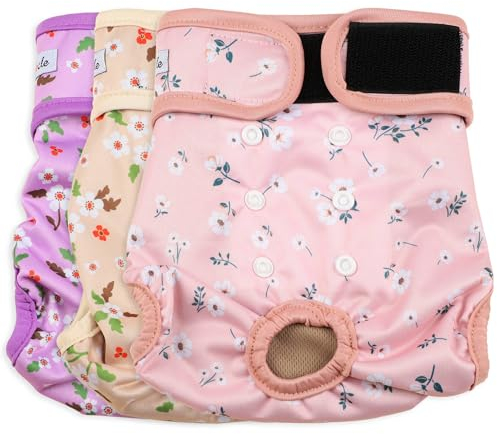 Grecle Windeln für Hündinnen – hochwertige wiederverwendbare Windeln für Hunde in Hitze – hochsaugfähige Hundewindeln für Hündinnen bei Inkontinenz mit verstellbaren Druckknöpfen, Blumen, Größe M