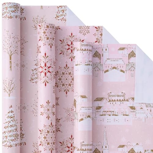 LeZakaa Lot de 3 rouleaux de papier cadeau de Noël – 43,2 x 304,8 cm par rouleau – Vue sur la neige, arbre de Noël, vue sur la rue, collection vacances d'éléments de Noël rose et doré
