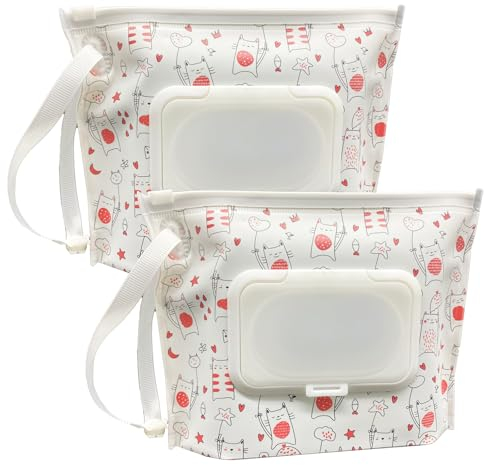2 Pack Small Size Portable Wet Wipe Pouch Container (7’’ x 5.4’’), Reusable & Refillable Baby Wipes Case Holder, Eco Friendly Handy Travel Diaper Wipes Carrying Dispenser (Heart & Cat)