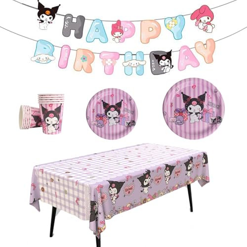 Cute Birthday Party Supplies, Cartoon Party Tableware with Happy Birthday Banner, Tablecloth, Disposable Paper Plates with Paper Cups for Kids Party Decorations Serves 10 Guests