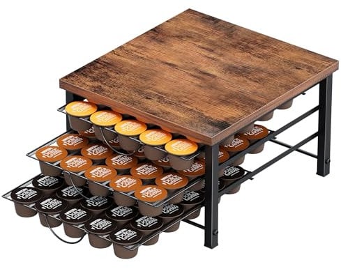 Rangement Capsules 3 Niveaux pour Dolce Gusto, Support Métal Grande Capacité 90 Capsules, Porte Dosettes Antidérapant avec Plateau en Bois Vintage pour Cuisine
