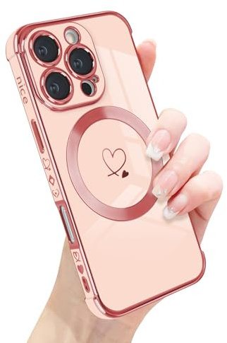 Newseego Coque pour iPhone 16 Pro, Compatible avec MagSafe Housse avec Motif Coeur d'amour et Bord Plaqué Mignon TPU Souple Fine Antichoc Protection pour iPhone 16 Pro 6,3 Pouces Rose