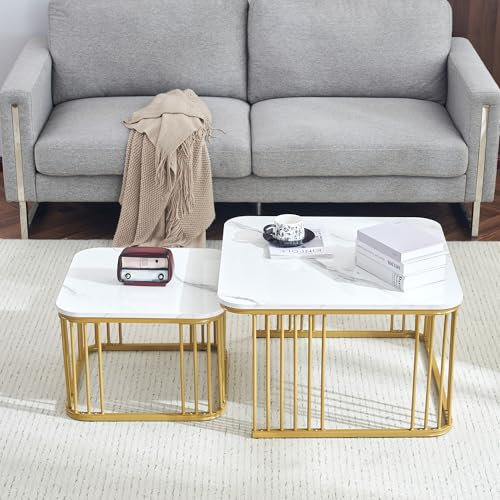 BTM 2er Set quadratische Hochglanz-Marmoroptik-Couchtische, ineinander schiebbare Tische mit goldenen Beinen, 70x70x45cm und 50x50x36,5cm, vielseitig einsetzbar