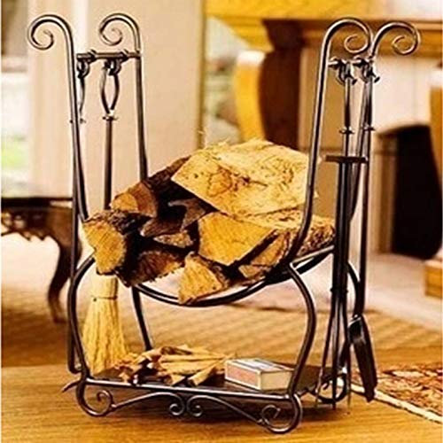 SmPinnaA Robustes Kaminbesteck-Set Aus Messing Und Holzscheithalter, 5-Teiliger Holzscheitständer Aus Schmiedeeisen Mit Schürhaken, Schaufel, Zange, Antiker Bürste, Holzregal, 5-Teiliges We