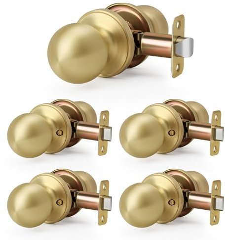 LOQRON Brushed Gold 5 Pack Wholesale Ball Design Door Knob No Lock, Passage Round Shaped Non-Locking Doorknob for Hallway/Closet, Satin Brass Finish