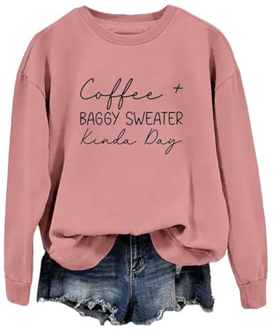 Damen-Sweatshirt mit Rundhalsausschnitt, langärmelig, Kaffeebraun, lässig, bedruckt, Rundhalsausschnitt, Hoodless, Sweatshirt, farbige Ärmel, rose, M