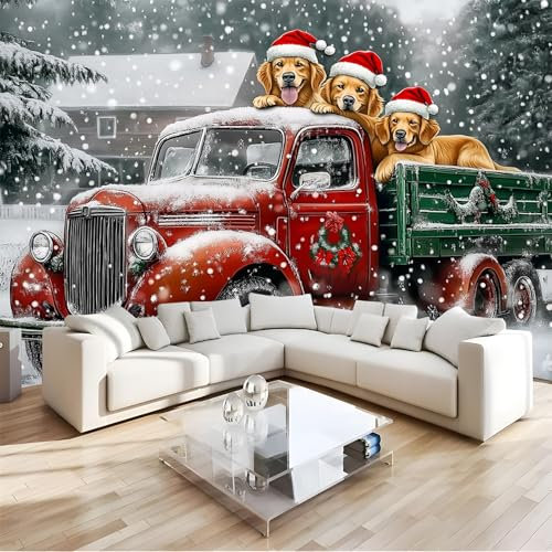 NAWVNMI Wall Mural Wallpaper for Bedroom Living Room 3D Mural Christmas Truck Self -Adhesive Cute Dog Wallpaper Peel and Stick Contact Paper 380x280cm
