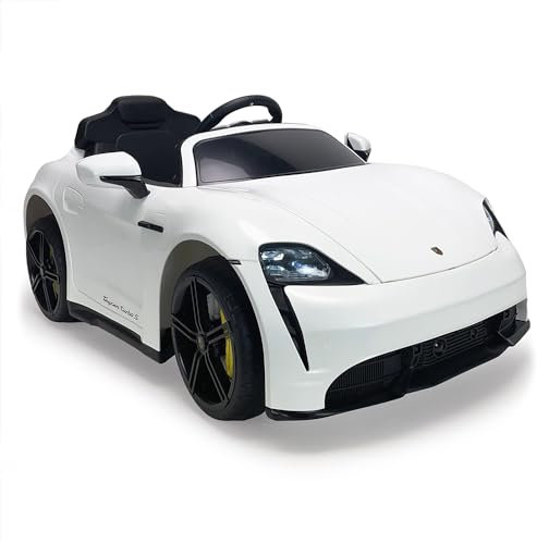 INJUSA - Voiture Électrique Porsche Taycan pour Enfants de 2 à 4 Ans | avec Batterie 12V | Lumières | Sons | Mp3 | Marche Arrière | Radiocommande | Ouverture des Portes | 6 km/h | Blanc (7205)