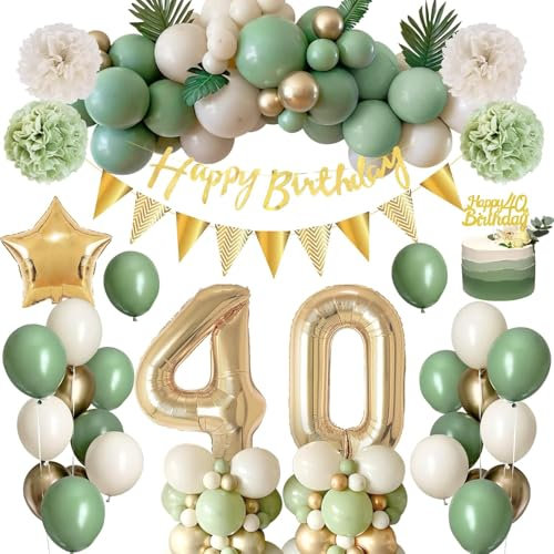 40. Geburtstag Deko für Frauen Männer, 63Pcs Salbei Grün Party Dekoration Set - 32Inch 40. Geburtstag Ballon, Star Folienballon, Grün Gold Weiß Luftballons, Banner, Cake Topper