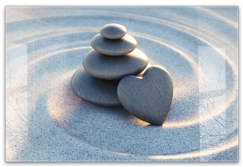 timalo Küchenbild aus Acrylglas modernes Wandbild Glasbild Deko Küche XXL Bild wie Glas | 60x40cm Steine im Sand Strand Herz, Zen, Natur