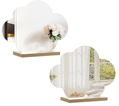 HERKINDNESS 2 Stück Acrylspiegel, Rahmenloses Wolkenform Kosmetikspiegel, Acryl Spiegel zum Hinstellen, mit Holzsockel Schminktisch Spiegel klein, für Schlafzimmer und Hotel